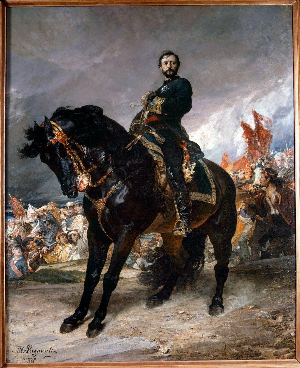 September-revolusjonen (Gloriosa): "" General Juan Prim (1843-1871) rir foran Madrid, i spissen for opprørene under den spanske revolusjonen 8. oktober av Henri Alexandre Georges Regnault