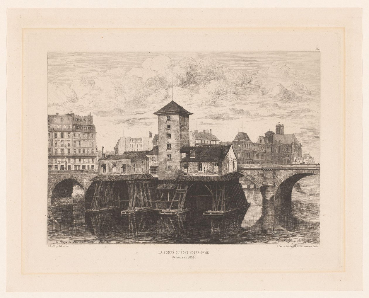 Gezicht op de Pont Notre-Dame Pumpen til Pont Notre-Dame (tittel på objekt) L'Eau Forte i 1875 (serietittel) av Henri Alexandre Saffrey