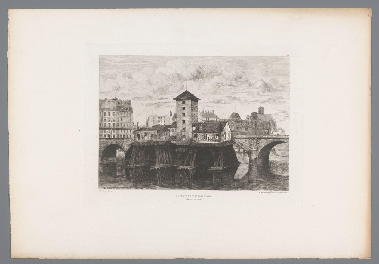 Utsikt over Pont Notre-Dame Pont Notre-Dame-pumpen (tittel på objekt) Frankrike etsen uit 1875 (serietittel) Etsning i 1875 (serietittel) av Henri Alexandre Saffrey