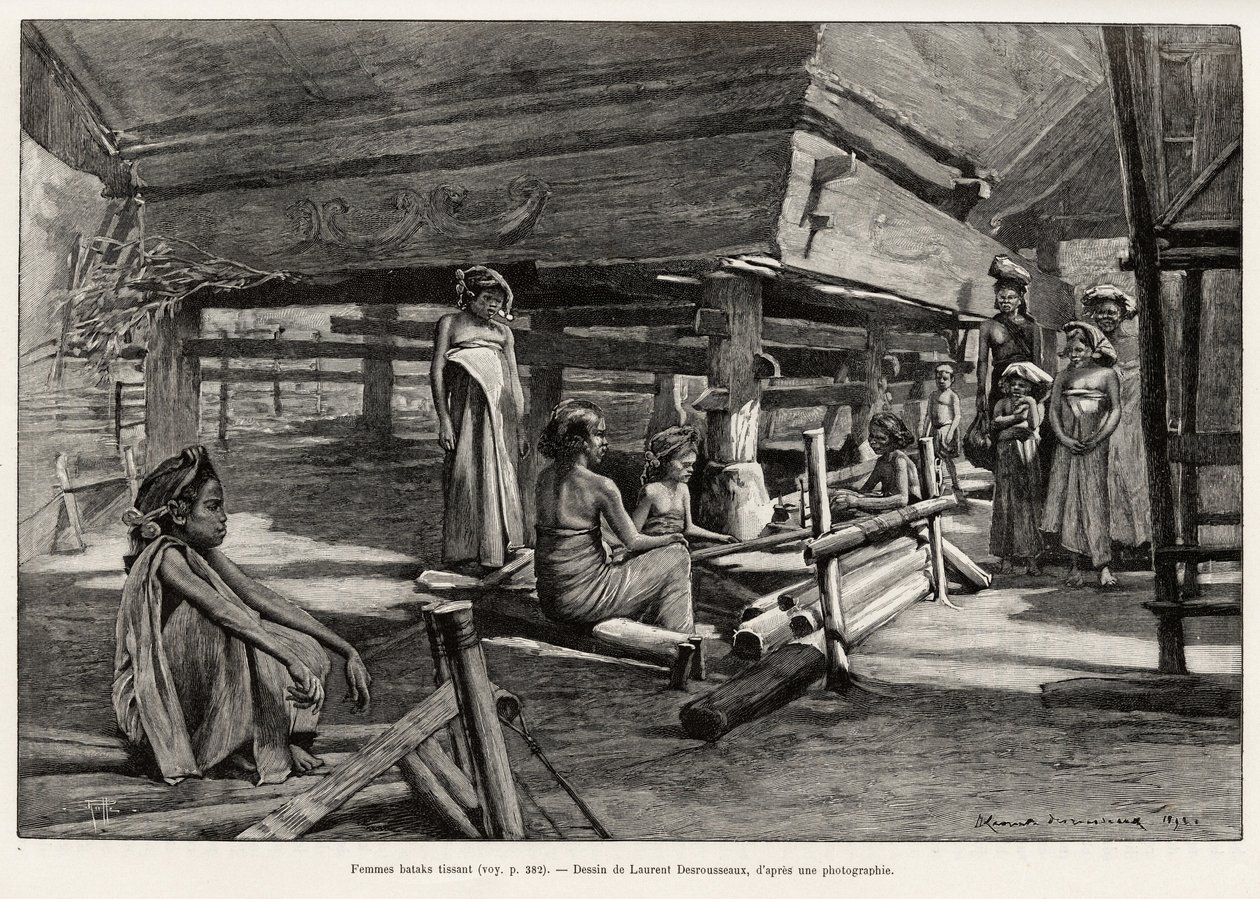 Batak-kvinner, Nord-Sumatra etnisk gruppe, veving. Gravering av Laurent Desrousseaux for å illustrere historien "" ett år i Malaysia", av Jules Claine (1856-1939), i 1889-1890, i Le tour du Monde 1892, regissert av Edouard Charton (1807-1891), Hachette, Pa av Henri Alphonse Louis Laurent Desrousseaux