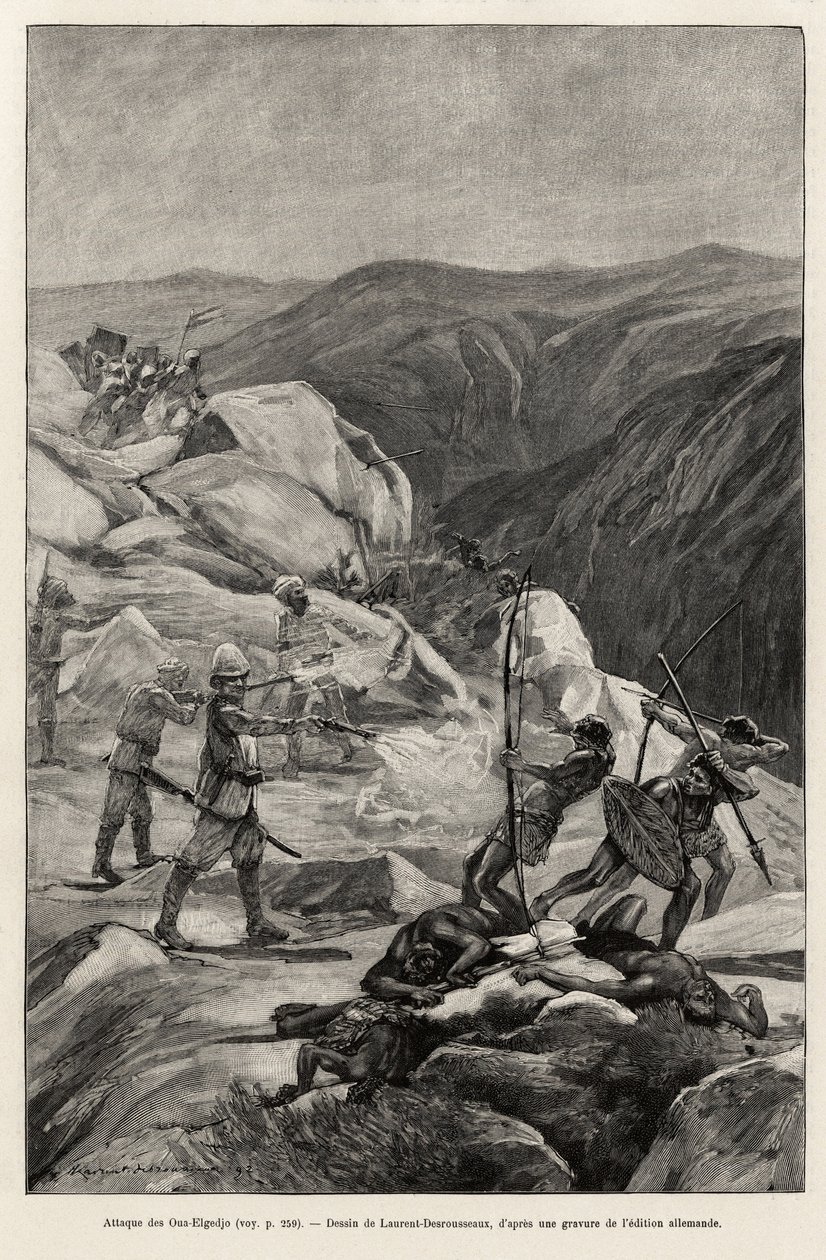 Oua-Elgedjo angrep. Gravering av Laurent Desrousseaux for å illustrere historien "" Au secours d