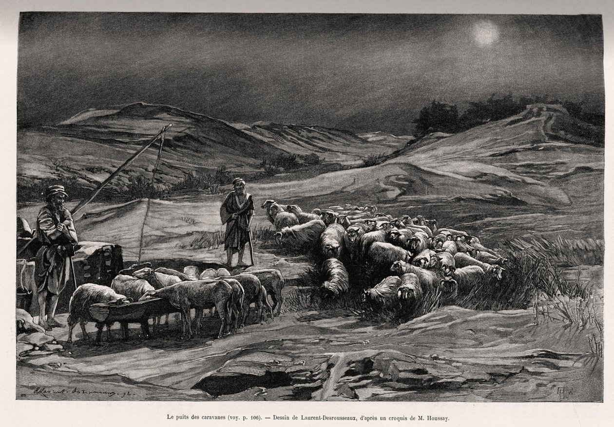 Traileren godt. Gravering av Laurent Desrousseaux for å illustrere historien «A travers la Perse meridionale», av C.Babin og F.Houssay, i 1885, i Le tour du Monde 1892, regissert av Edouard Charton (1807-1891), Hachette, Paris. av Henri Alphonse Louis Laurent Desrousseaux