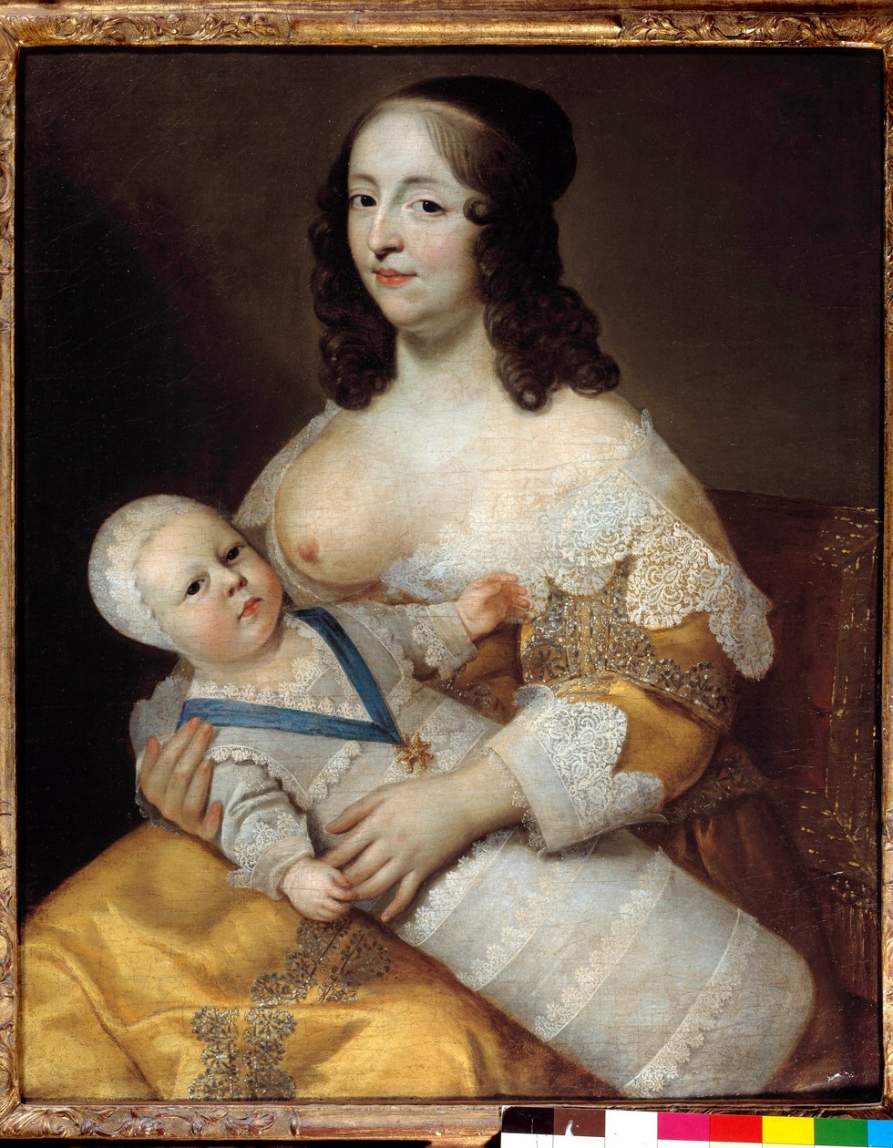 Representasjon av den fremtidige kong Ludvig XIV (1638-1715) baby, i badedrakt i armene til sin sykepleier Marie de Longuet de la Giraudiere Kvinnens bryst er oppdaget og klar til å amme barnet. Maleri av Charles (1604-1692) og Henri (1603-1677) av Henri Beaubrun