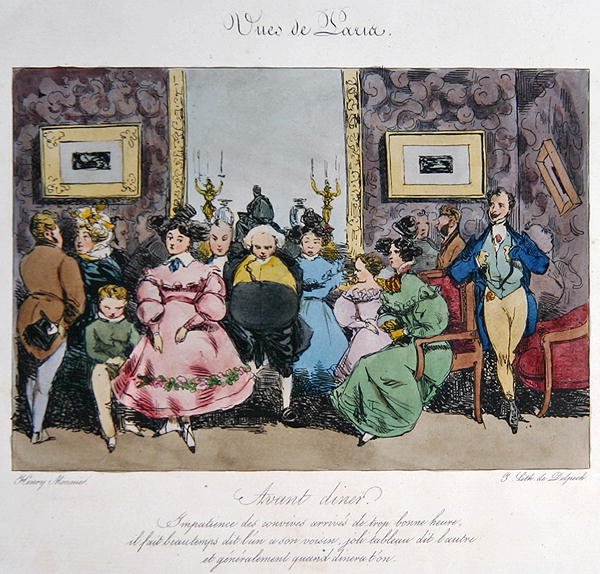 Humoristisk skildring av gjestenes oppførsel og samtale før middag, gravert av Francois Seraphin Delpech (1778-1825) (farge litho) av Henri Bonaventure (after) Monnier