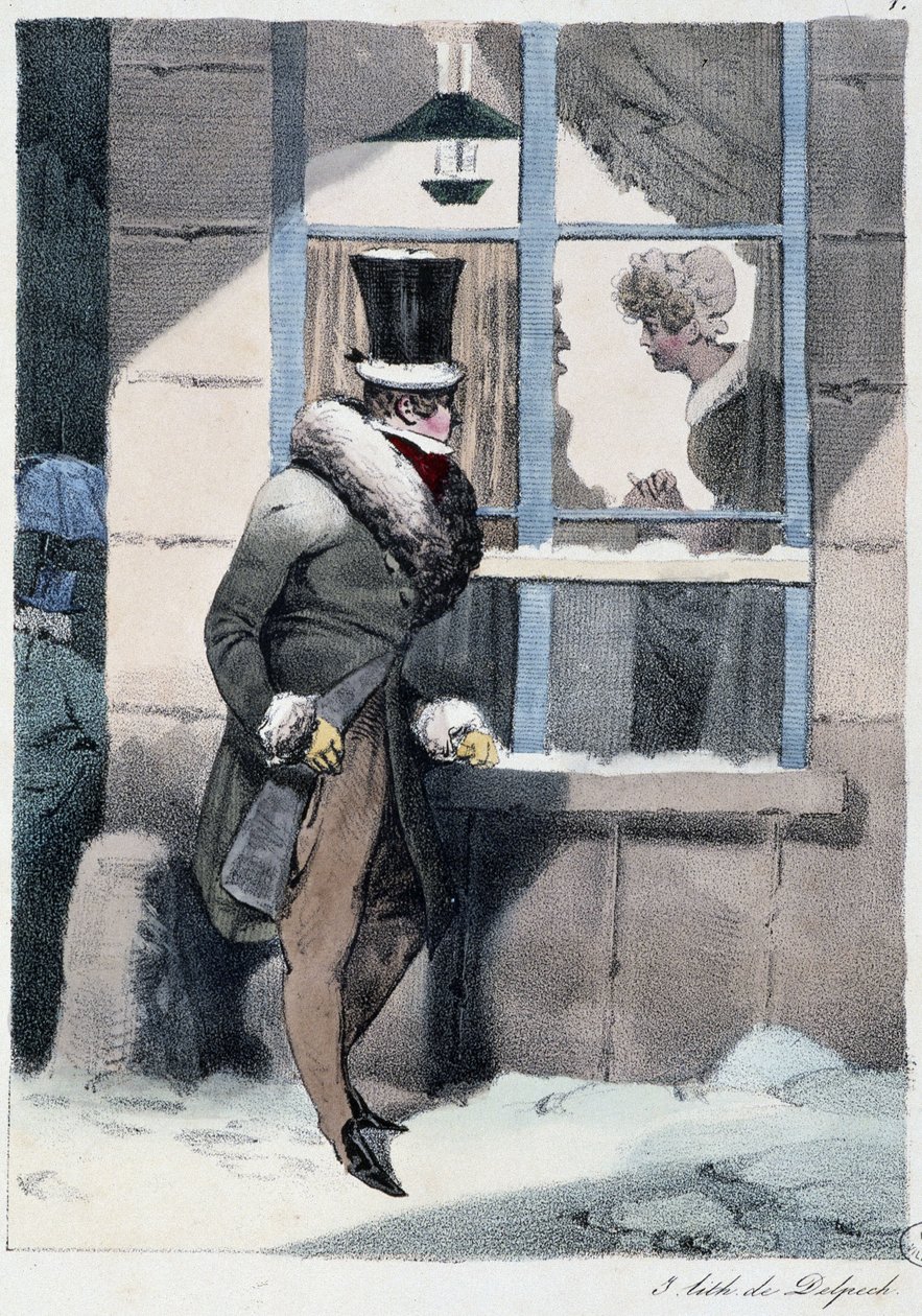 Nysgjerrig mann som ser ut av vinduet inne i et hus: "" Alle tar gleden der han finner ham"" - i "" Les pastemps"" av Henri Monnier, red. Delpech, Paris av Henri Bonaventure Monnier