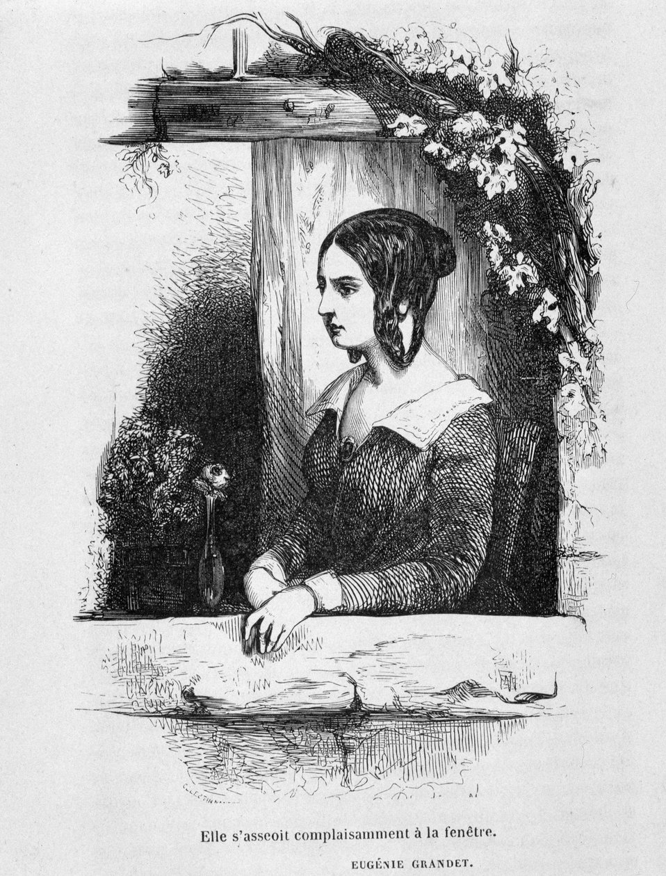 Eugénie Grandet ved vinduet hennes - i "" Eugénie Grandet"" av Balzac, ill. Henri Monnier, originalutgaven av 1843 av Henri Bonaventure Monnier