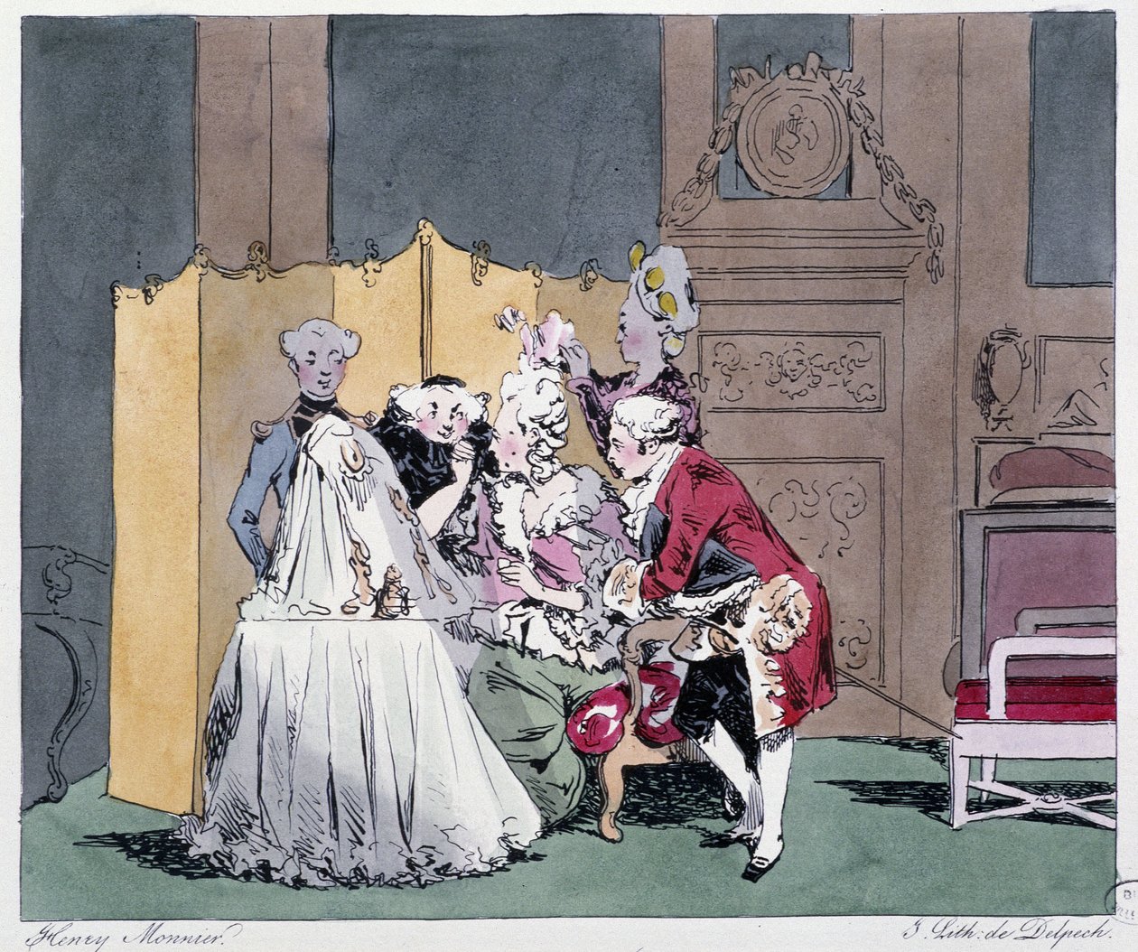 Toalettet (frisørscene) på 1700-tallet - i "" Tidligere og i dag"" av Henri Monnier, red. Delpech, Paris av Henri Bonaventure Monnier