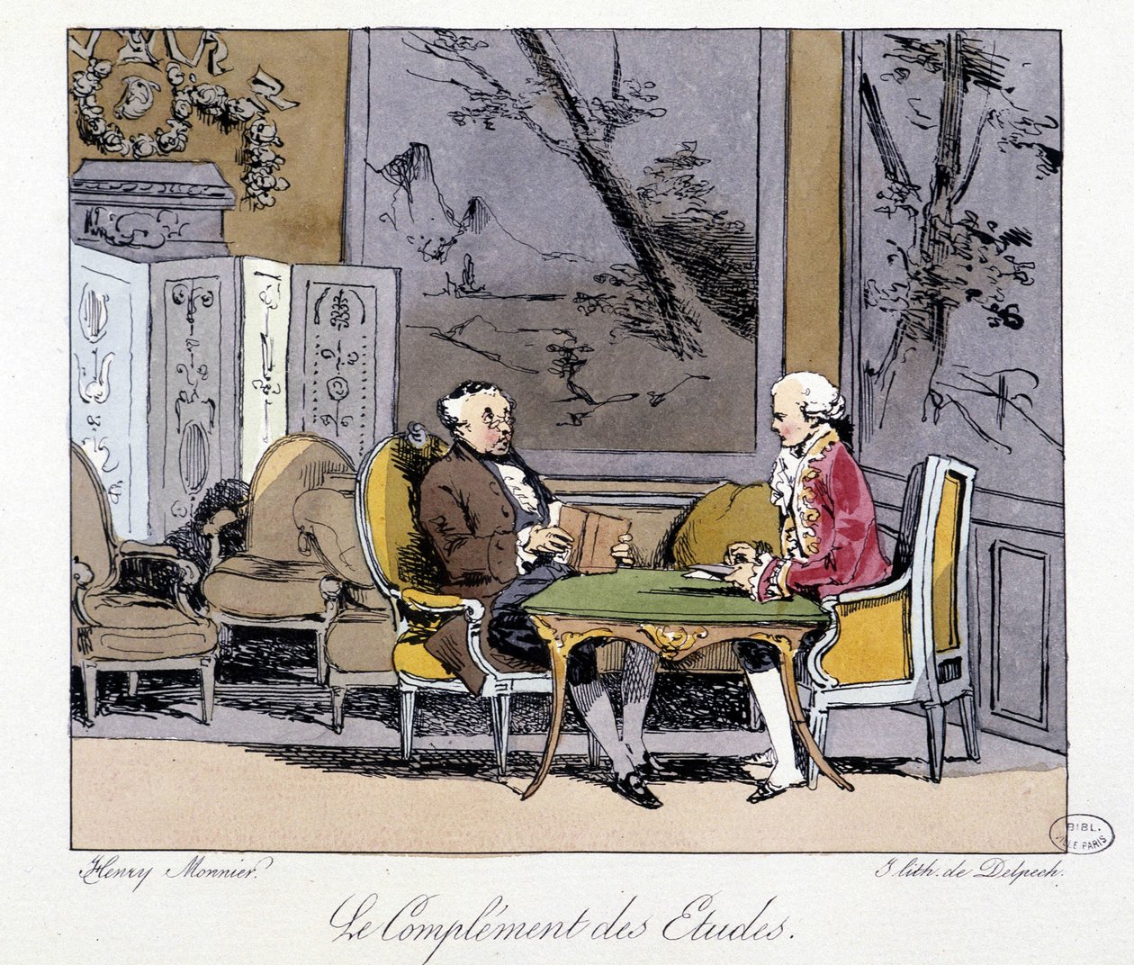 Komplementet til studiene: to menn som diskuterer i en stue - i "" Tidligere og i dag"" av Henri Monnier, red. Delpech av Henri Bonaventure Monnier