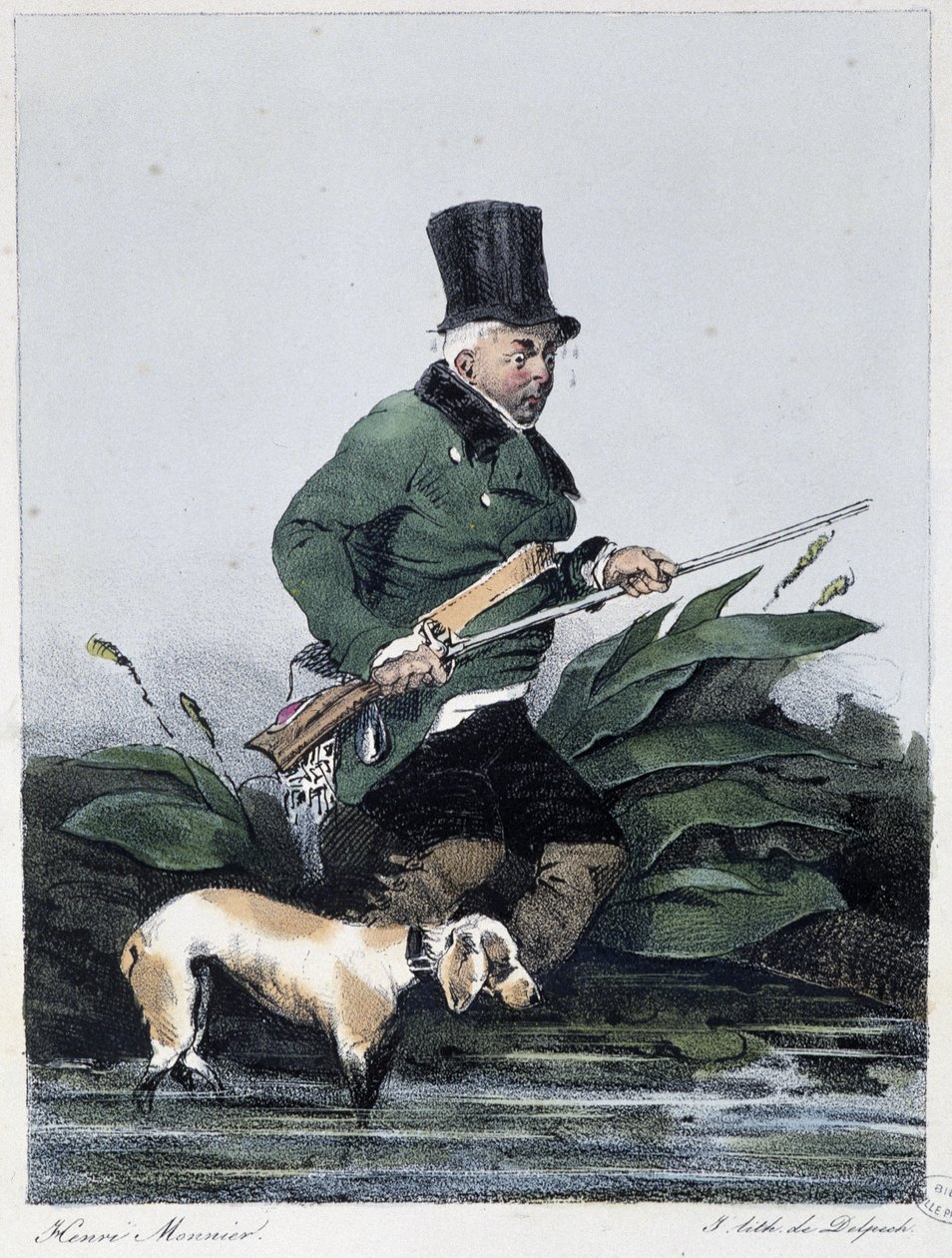 Mann på jakt med hunden sin: "" Alle tar gleden der de finner ham"" - i "" Les pastemps"" av Henri Monnier, red. Delpech, Paris av Henri Bonaventure Monnier