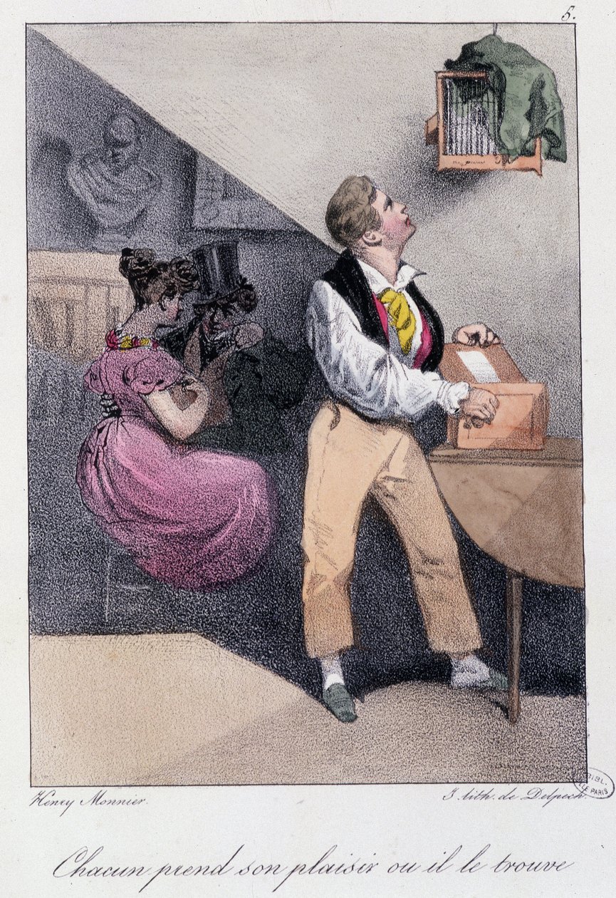 Mann som avler fugler mens kona utroer ham: "" Alle tar gleden hans eller han finner ham"" - i "" Les pastemps"" av Henry Monnier, red. Delpech, Paris, v.1830 av Henri Bonaventure Monnier