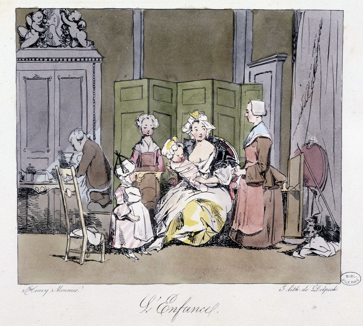 Våt sykepleier, tjenere, baby og barn i aristokratiet på 1700-tallet - i "" Tidligere og i dag" av Henri Monnier, red. Delpech, Paris av Henri Bonaventure Monnier