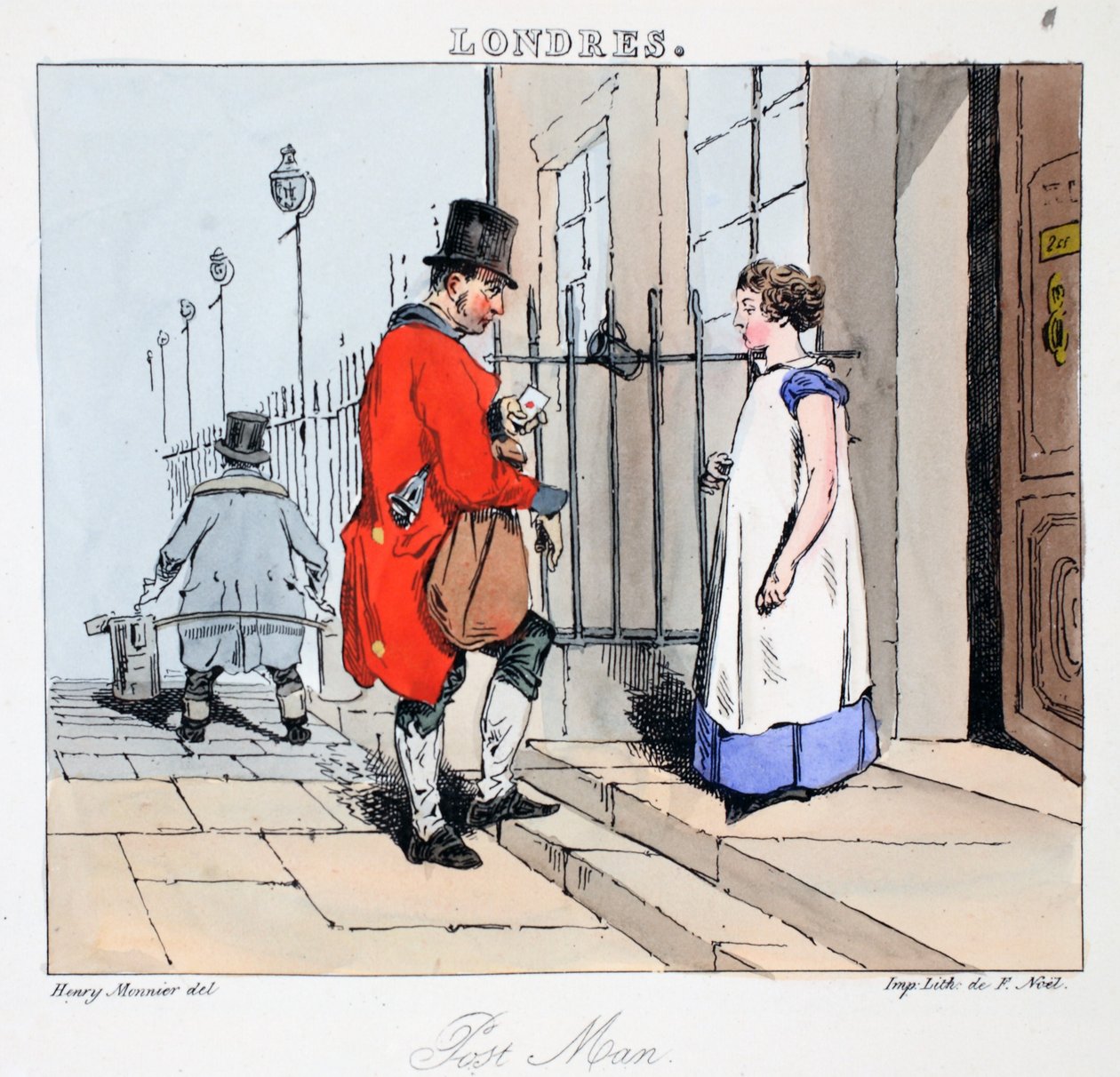 Post Man, illustrasjon fra 'Londres' av Henri Monnier, pub. Paris, ca. 1828 (håndfarget litho) av Henri Bonaventure Monnier