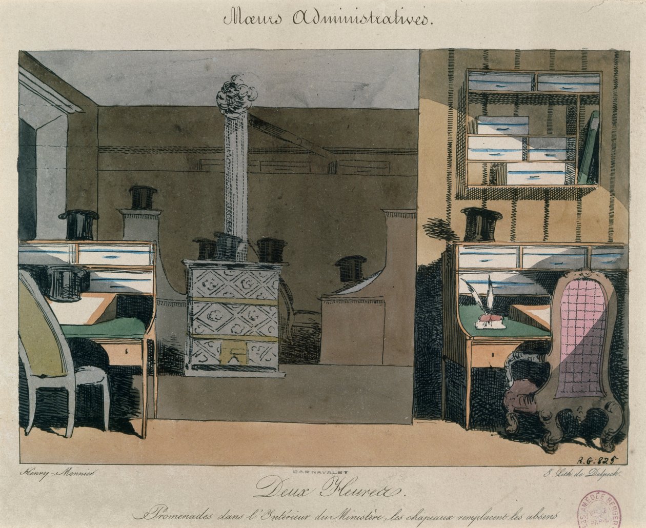 Scene på et parisisk kontor under lunsjpausen, ca. 1830 (fargegravering) av Henri Bonaventure Monnier