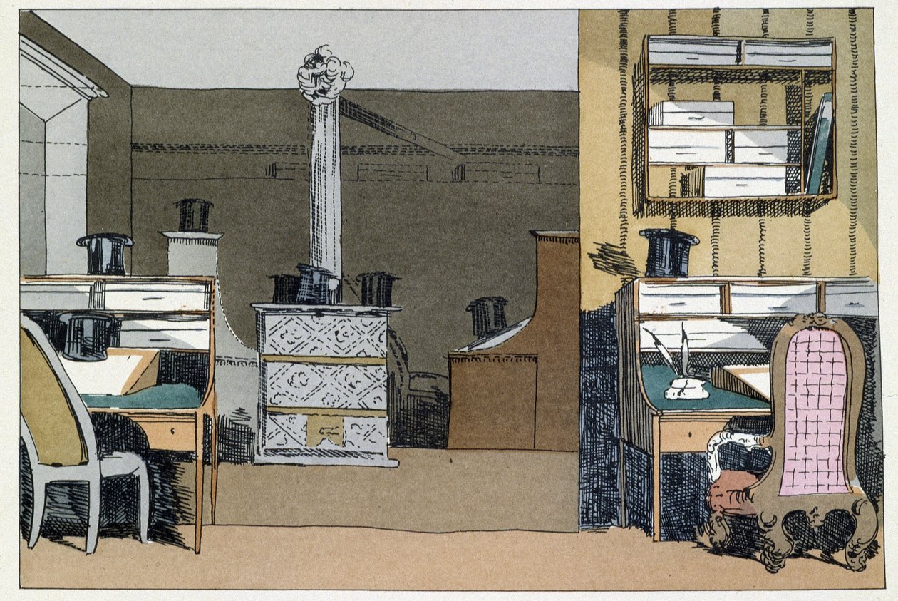 To timer: turer i det indre av departementet, hatter erstatter det fraværende - i "" Administrative mores"" av Henri Monnier av Henri Bonaventure Monnier