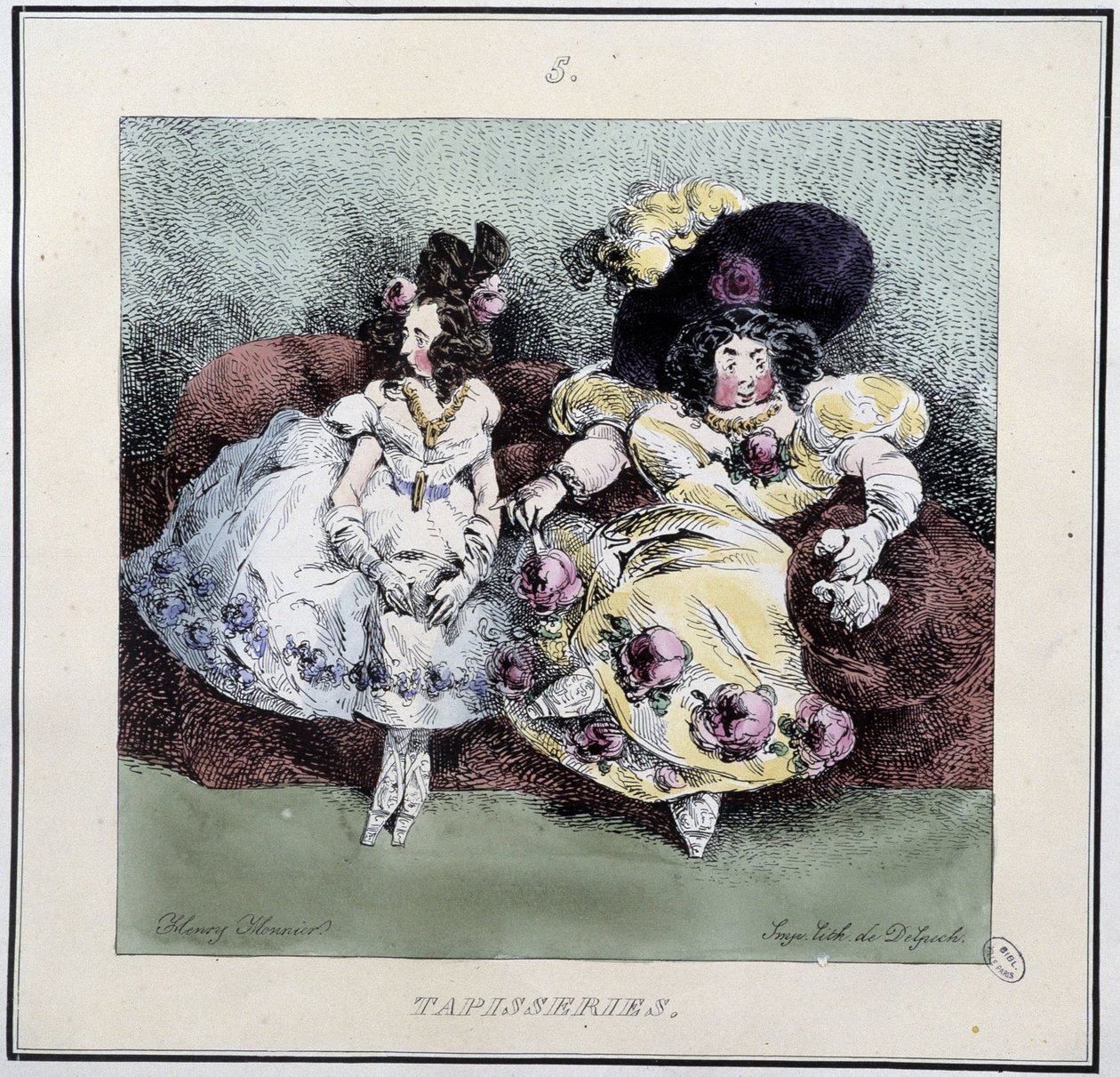 Stygge kvinner gjør "" billedvev"" sittende i en stue - i "" Parisiennes" av Henri Monnier, red. Delpech, Paris av Henri Bonaventure Monnier