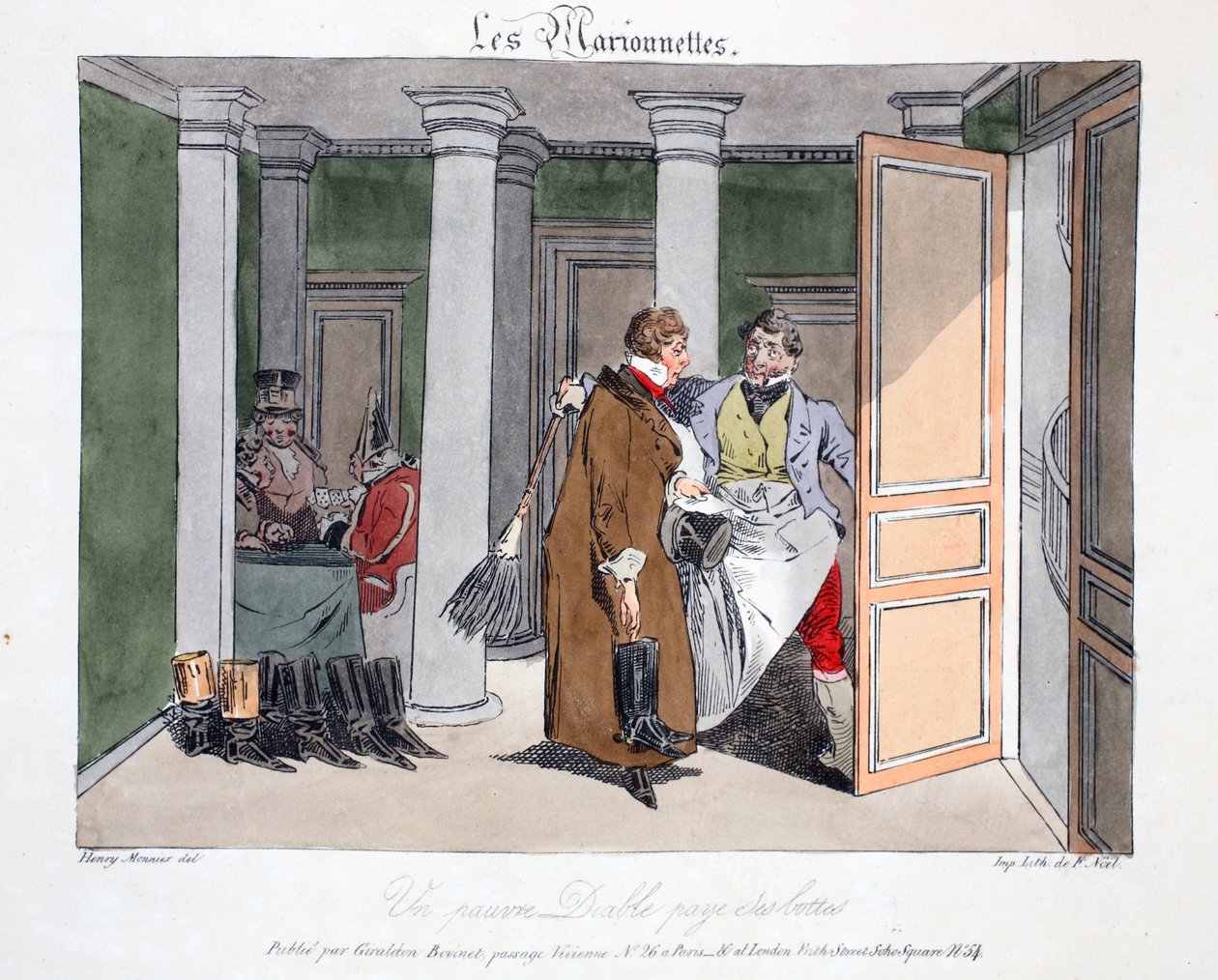 En stakkars djevel betaler for støvler, illustrasjon fra 'Les Marionnettes' av Henri Monnier, litografiert av Delpech, pub. Paris, ca. 1828 (håndfarget litho) av Henri Bonaventure Monnier
