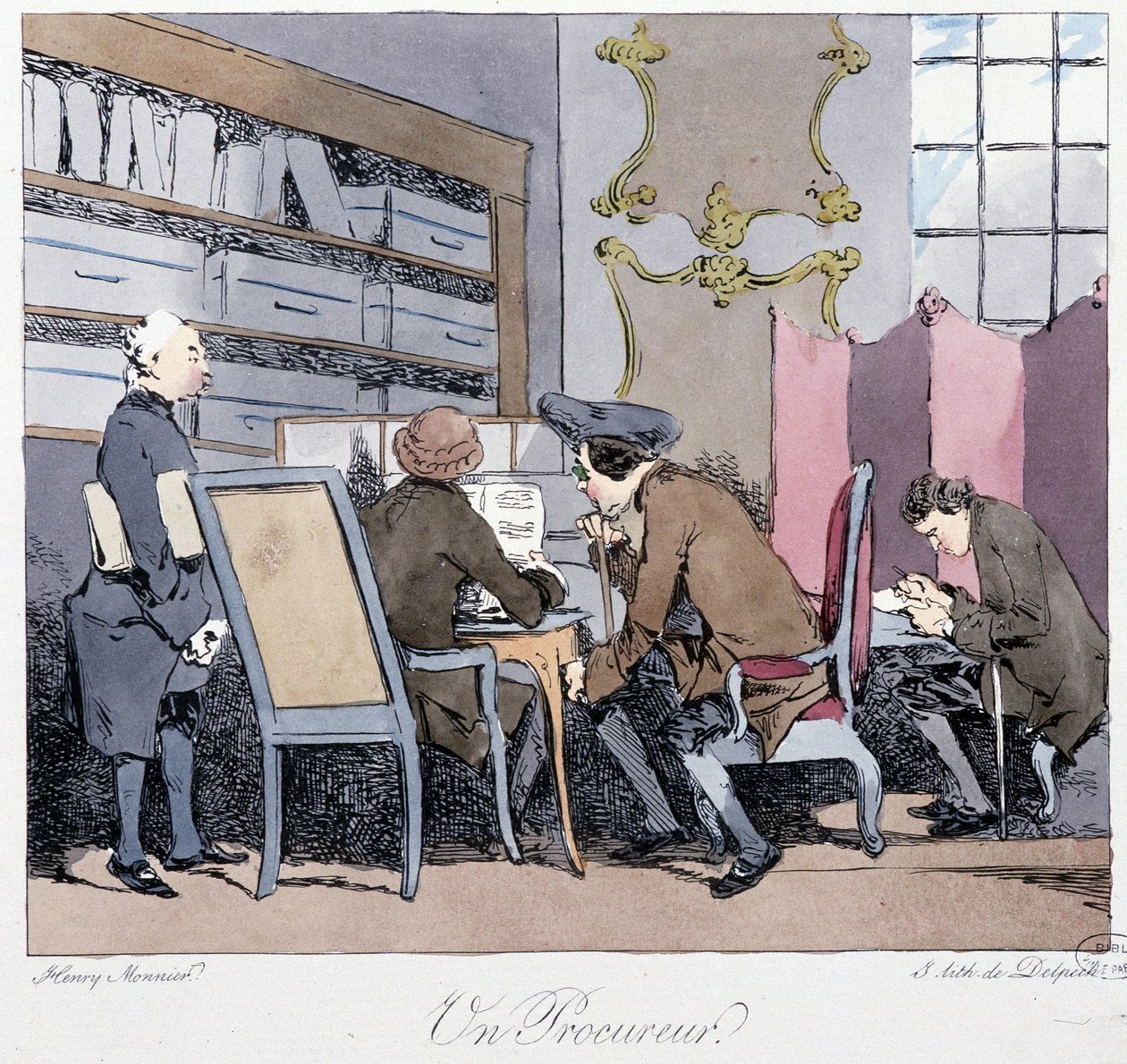En aktor (fire menn i en studie) - i "" Tidligere og i dag"" av Henri Monnier, red. Delpech av Henri Bonaventure Monnier