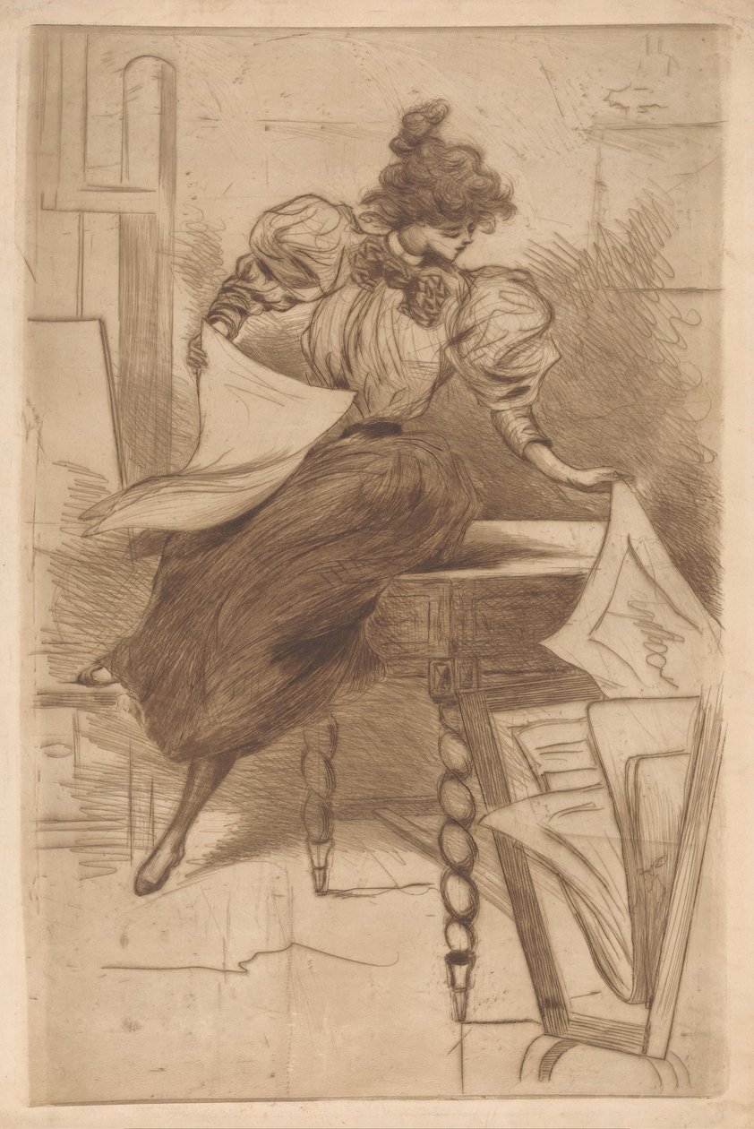 Kvinne ser på bilder i et printstativ av Henri Boutet (possibly)