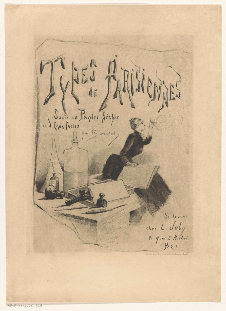 Materialer og verktøy til en trykkeri Types de Parisiennes (serietittel på objekt) av Henri Boutet