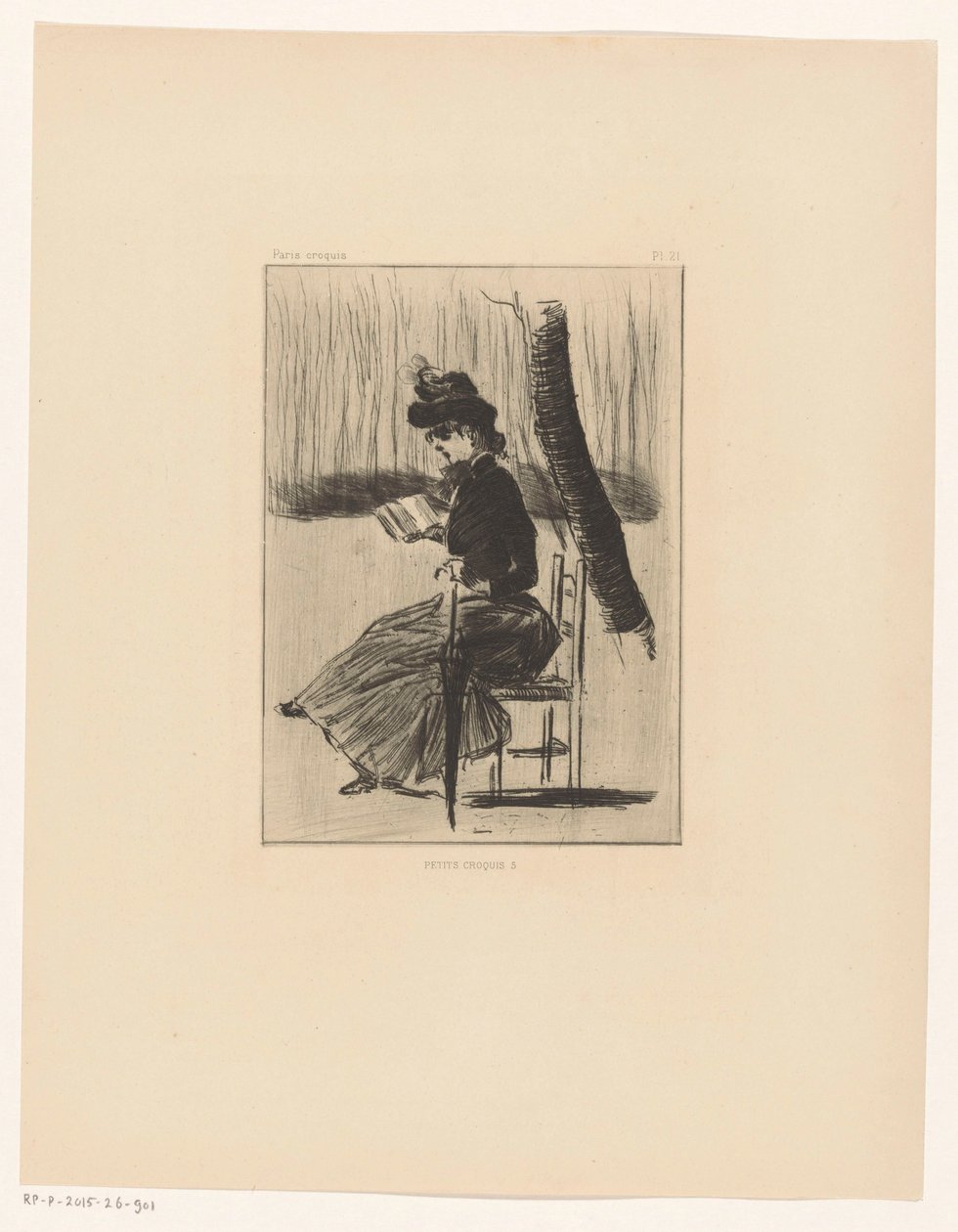 Kvinne med en bok og en paraply på en stol utenfor Petits Croquis 5 (tittel på objekt) av Henri Boutet