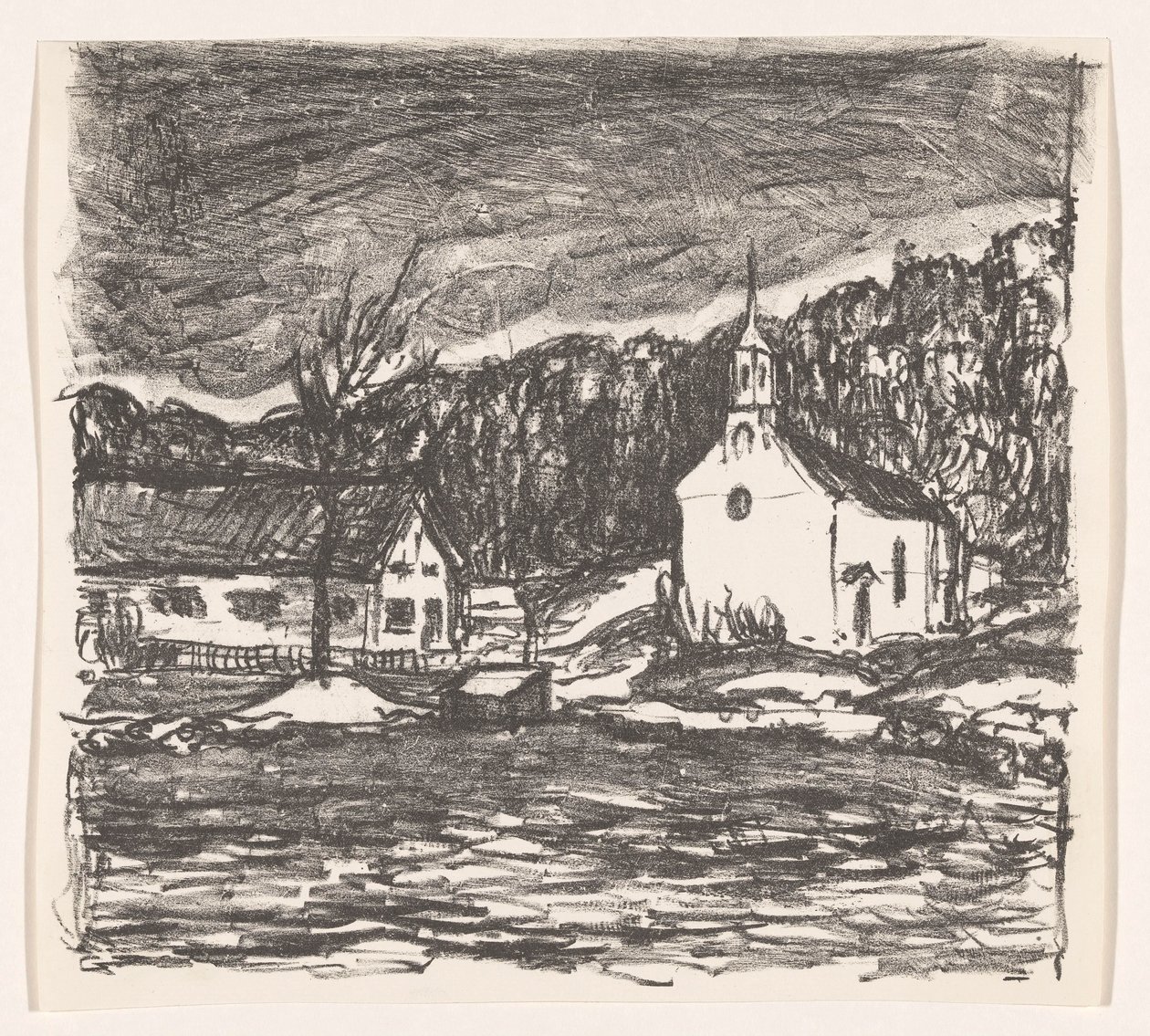 Kupert landskap med kirke Starnberger See (original tittel) av Henri Braakensiek (signed by artist)