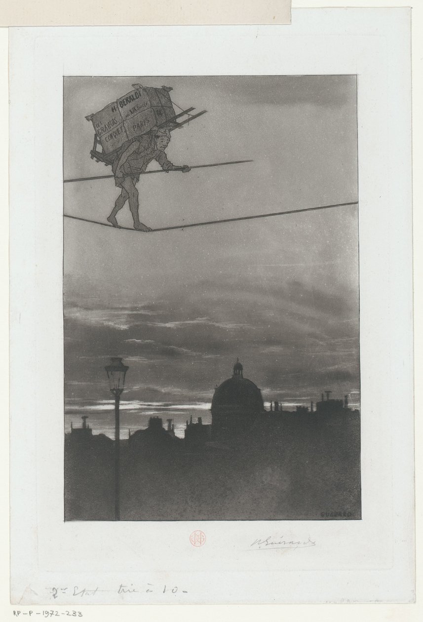Strikkrullator med pakke på ryggen over en by Tittelside for: Henri Béraldi, Les Graveurs du XIXe siècle (...), 1888 av Henri Charles Guérard (signed by artist)