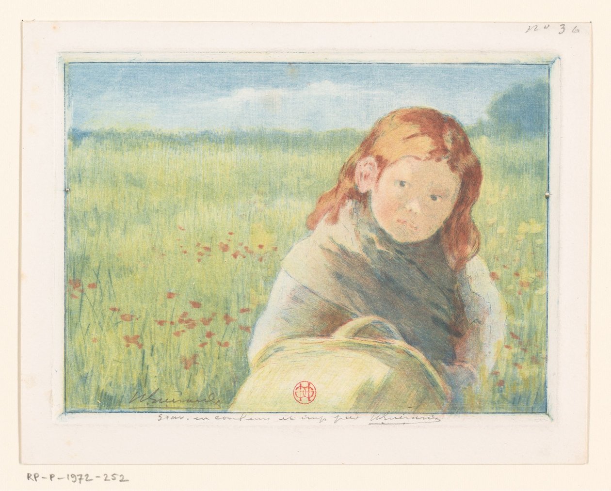 Jente med kurv i en blomstereng av Henri Charles Guérard (signed by artist)
