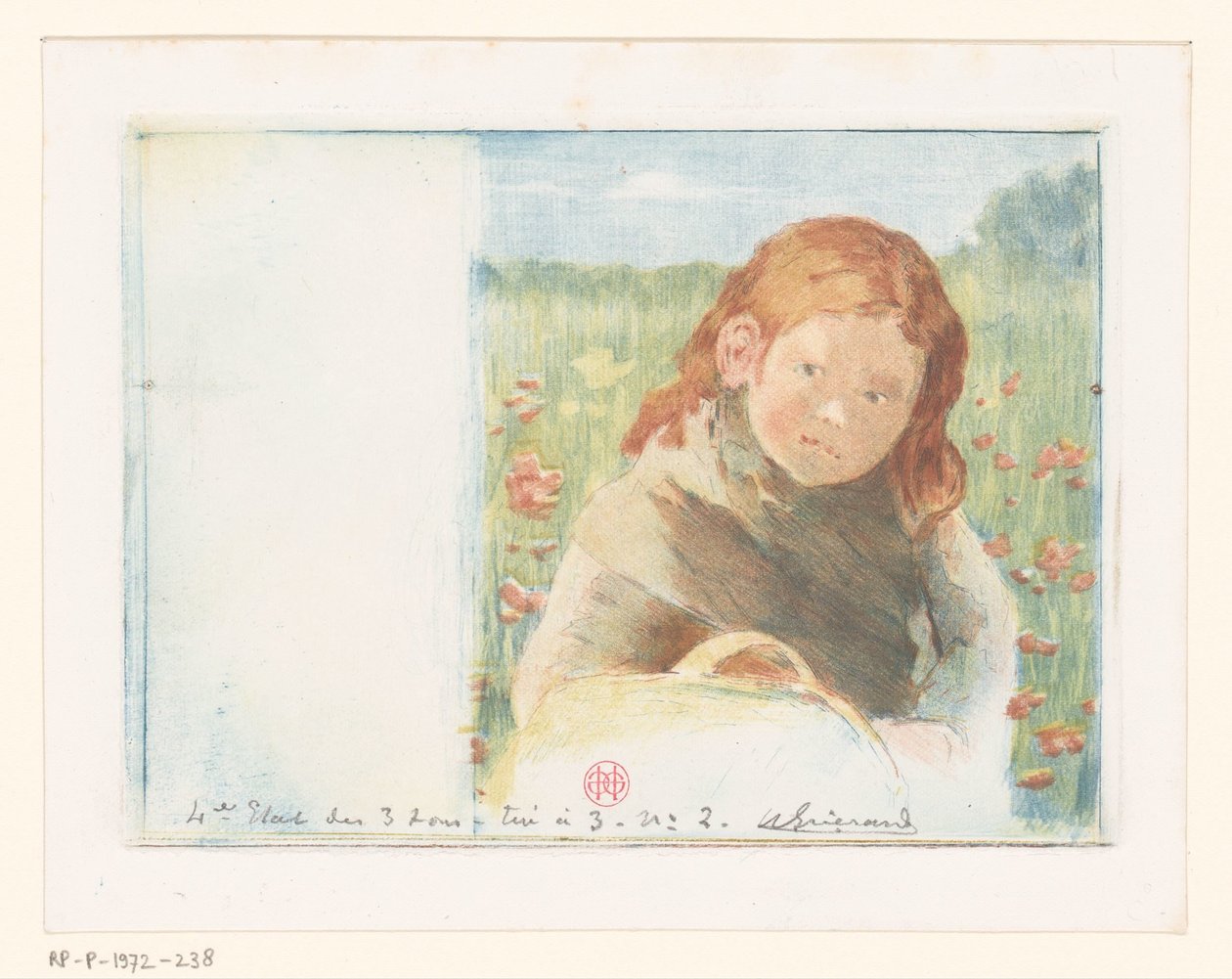 Jente med kurv i en blomstereng av Henri Charles Guérard (signed by artist)