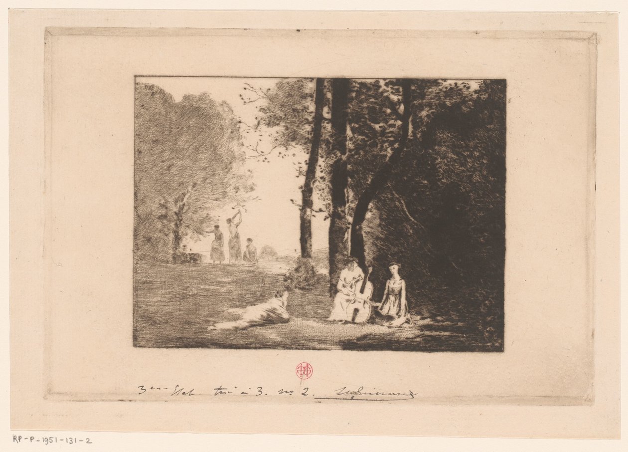 Kvinner lager musikk under et tre av Henri Charles Guérard (signed by artist)