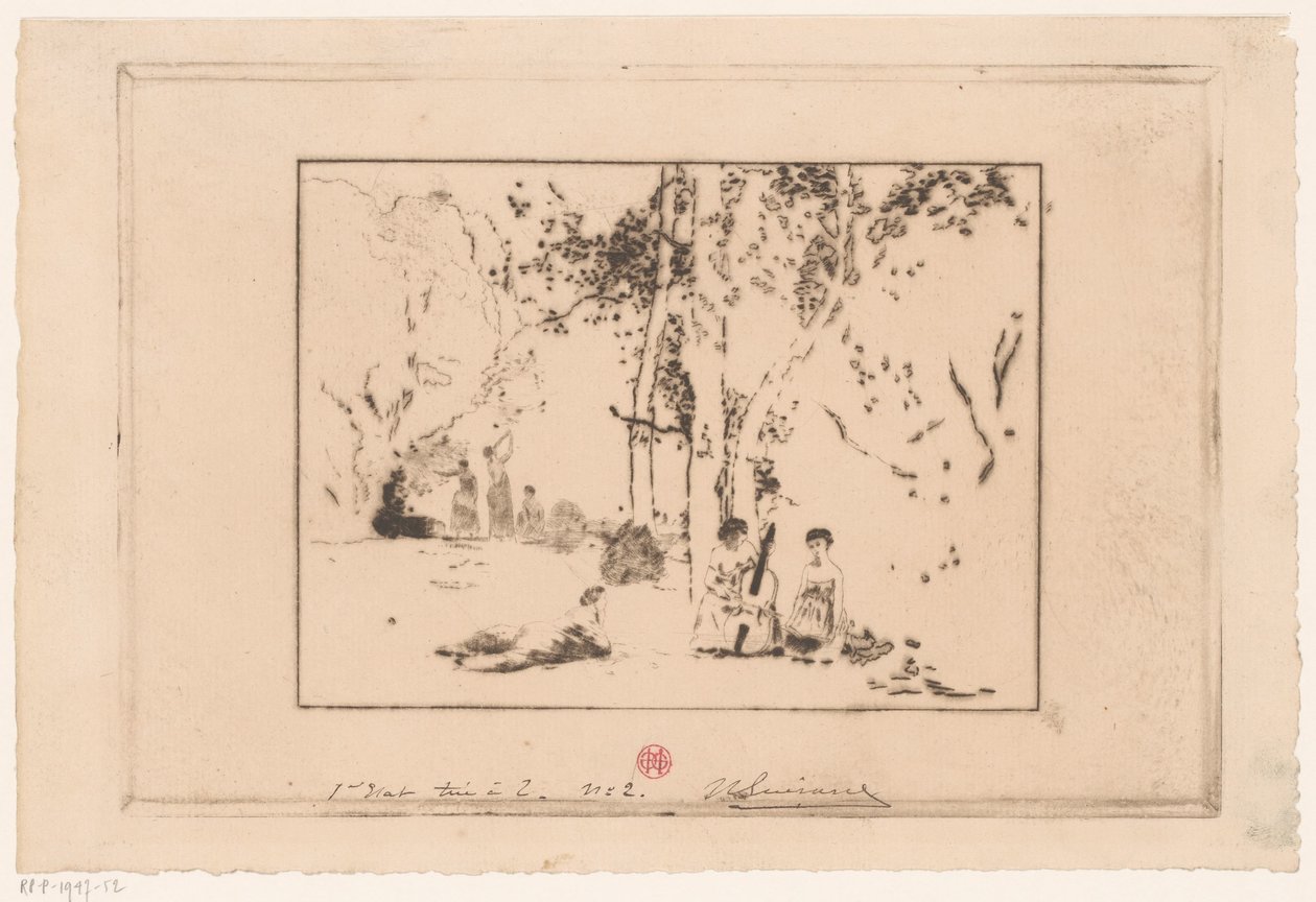 Kvinner lager musikk under et tre av Henri Charles Guérard (signed by artist)