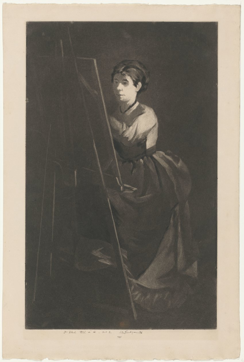 Portrett av Eva Gonzalès foran et staffeli av Henri Charles Guérard (signed by artist)