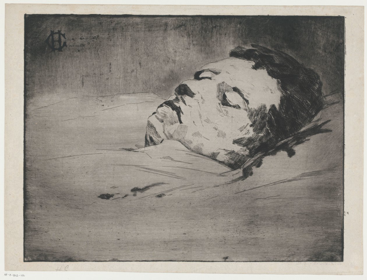 Portrett av en ukjent mann på dødsleie av Henri Charles Guérard (signed by artist)