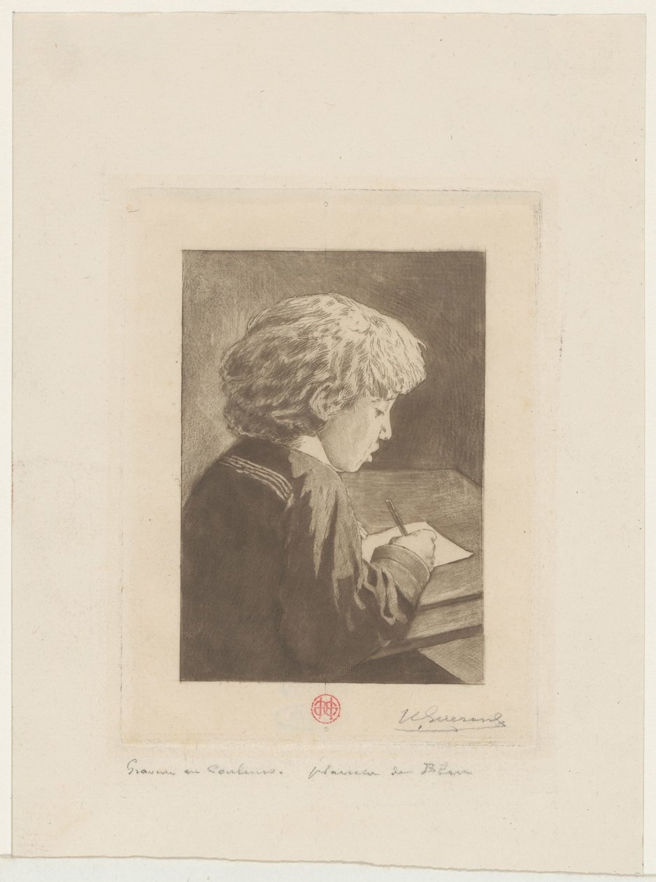 skrivende gutt av Henri Charles Guérard (signed by artist)
