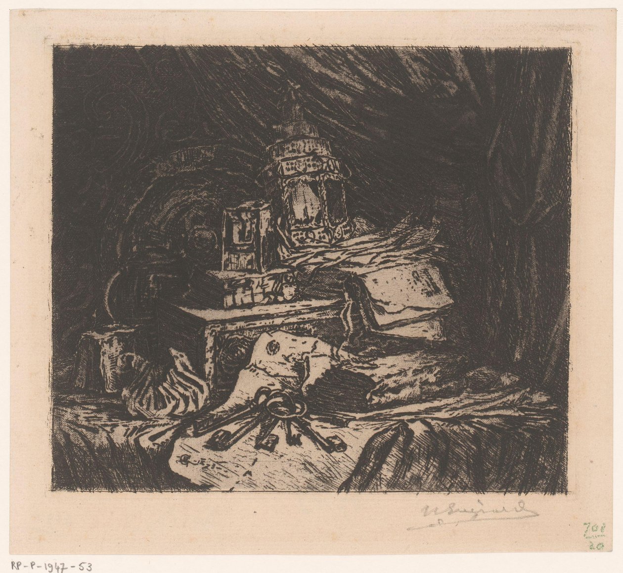 Stilleben med nøkler og lykt av Henri Charles Guérard (signed by artist)