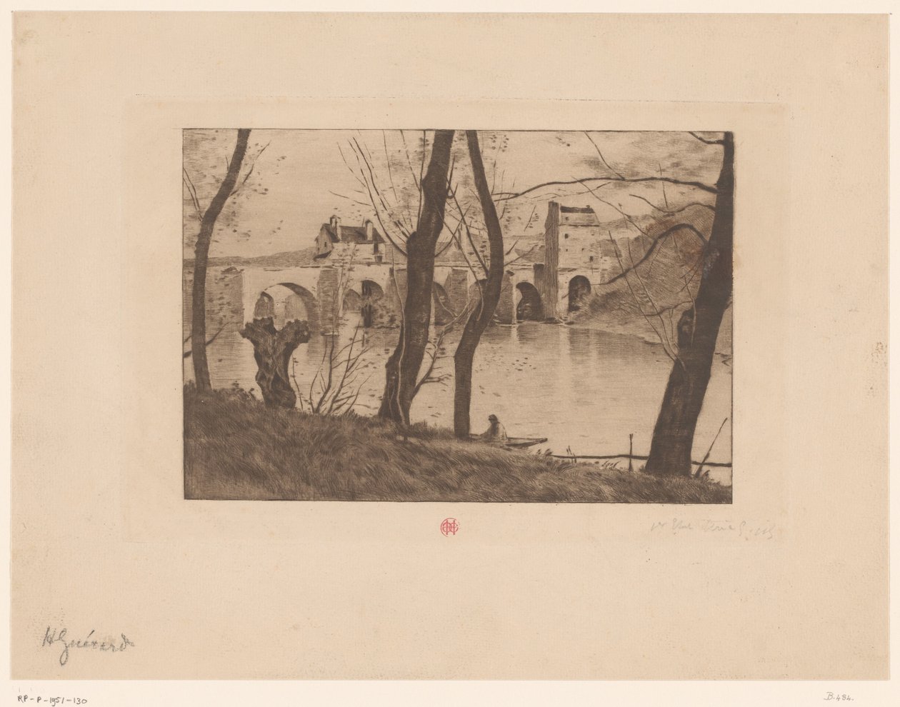 Utsikt over broen ved Mantes-la-Jolie av Henri Charles Guérard