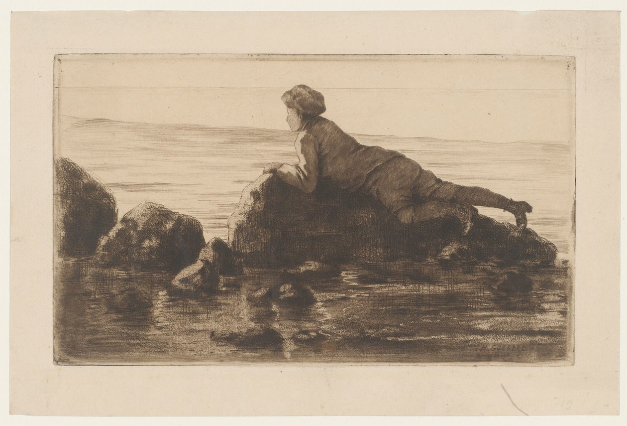 Gutt liggende på steinblokker på stranden av Henri Charles Guérard