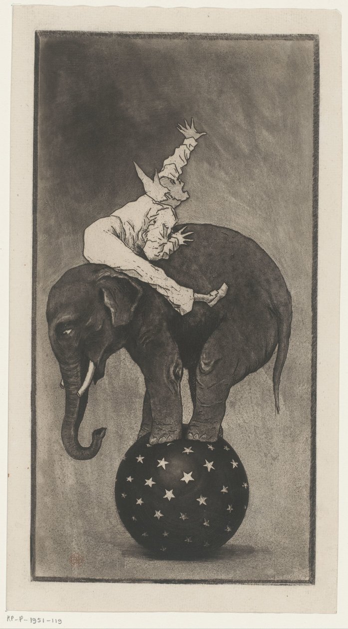 Elefant som balanserer på en ball med en mann på ryggen av Henri Charles Guérard