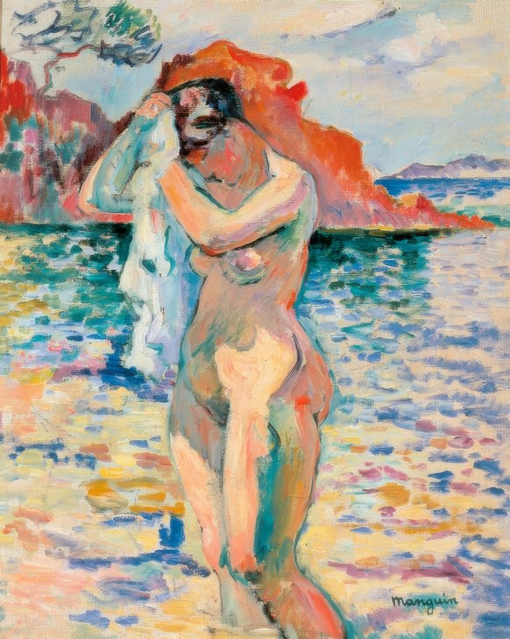 En badende tørker håret ved sjøen av Henri Charles Manguin