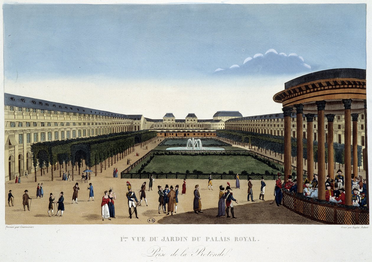 Garden of the Palais-Royal, rundt 1820 - i ""Views of Paris"" av Courvoisier av Henri Courvoisier Voisin