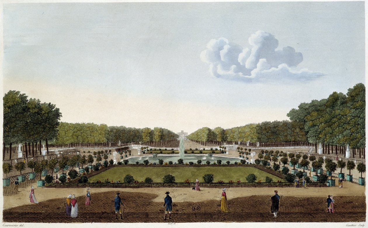 Jardin du Luxembourg sett fra terrassen til palasset. Gravering av Courvoisier av Henri Courvoisier Voisin