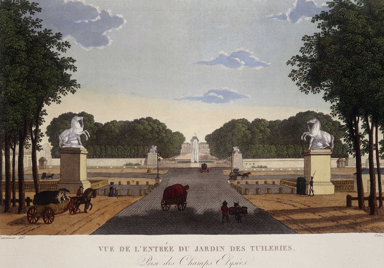 Inngangen til Tuileries-hagen med utsikt over Champs-Elysées, ca. 1820 - i "" Vues de Paris"" av Courvoisier av Henri Courvoisier Voisin