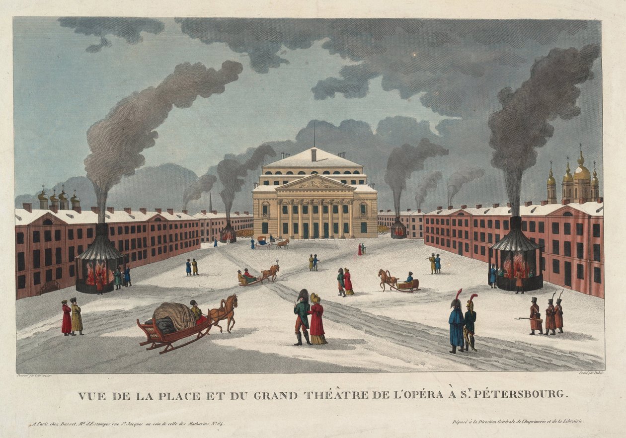 St. Petersburgs keiserlige Bolshoi Kamenny-teater - Courvoisier-Voisin, Henri (1757-1830) - ca. 1811 - Etsning, akvarell - 41,7x58 - Privat samling av Henri Courvoisier Voisin