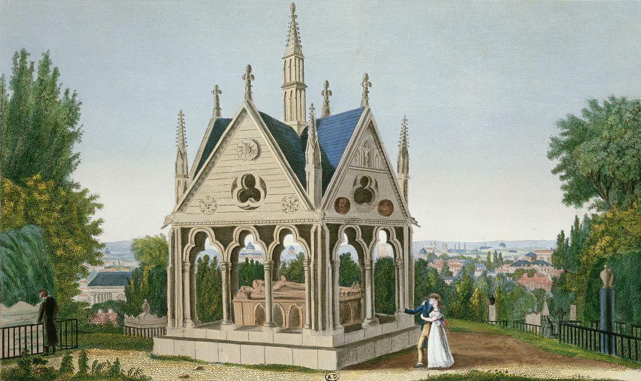 Graven til Heloise og Abelard på Pere Lachaise-kirkegården, 1815-20 (fargegravering) av Henri Courvoisier Voisin
