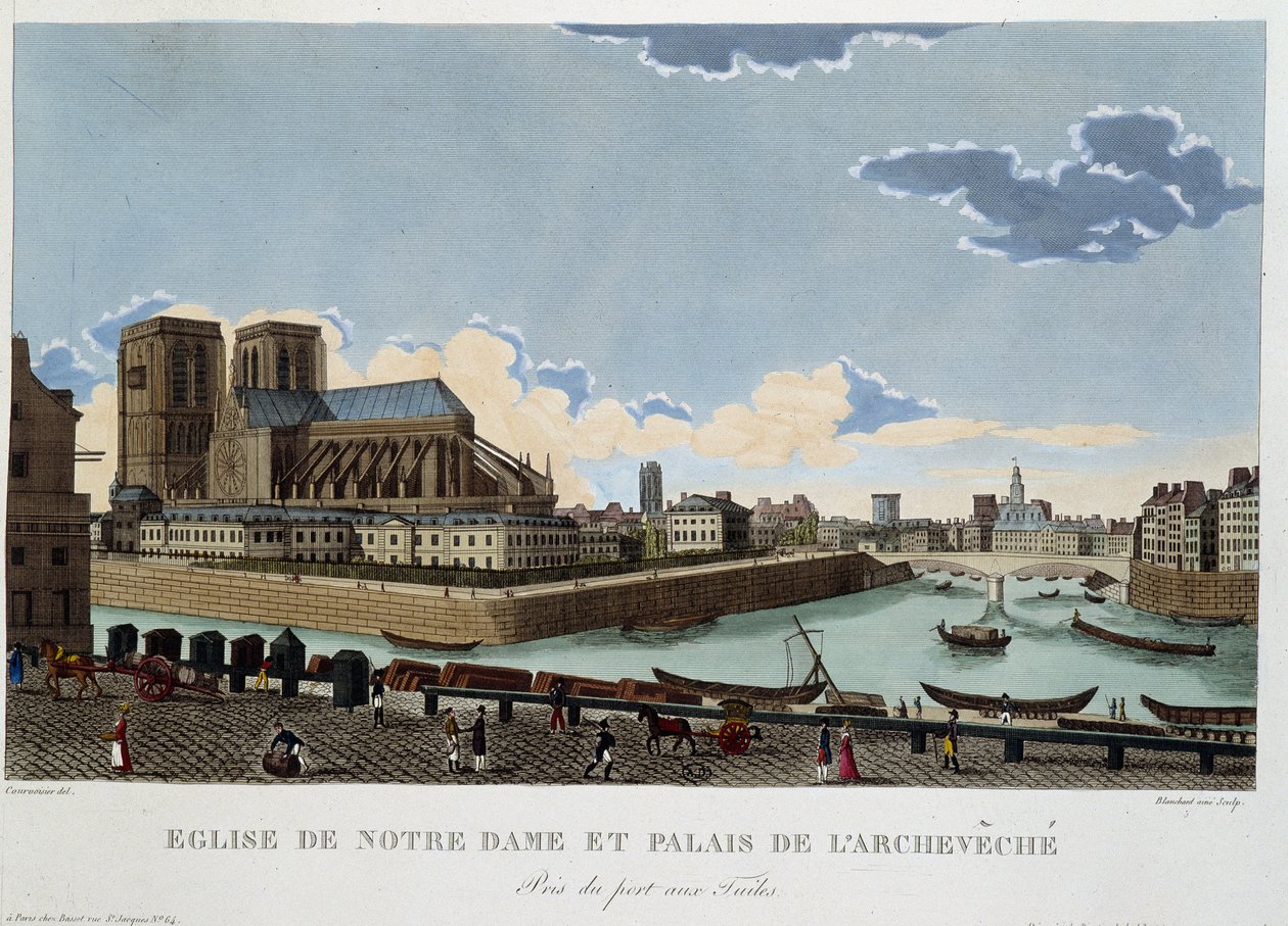 Kirken Notre-Dame og palasset til Archevéché - i "" Views of Paris"" av Courvoisier av Henri Courvoisier Voisin