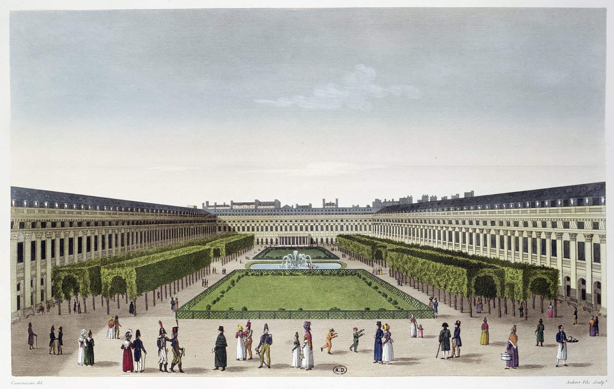 Utsikt over hagen til Palais Royal, sett fra Galeries de Bois, gravert av Aubert Fils, ca. 1815-20 av Henri Courvoisier Voisin