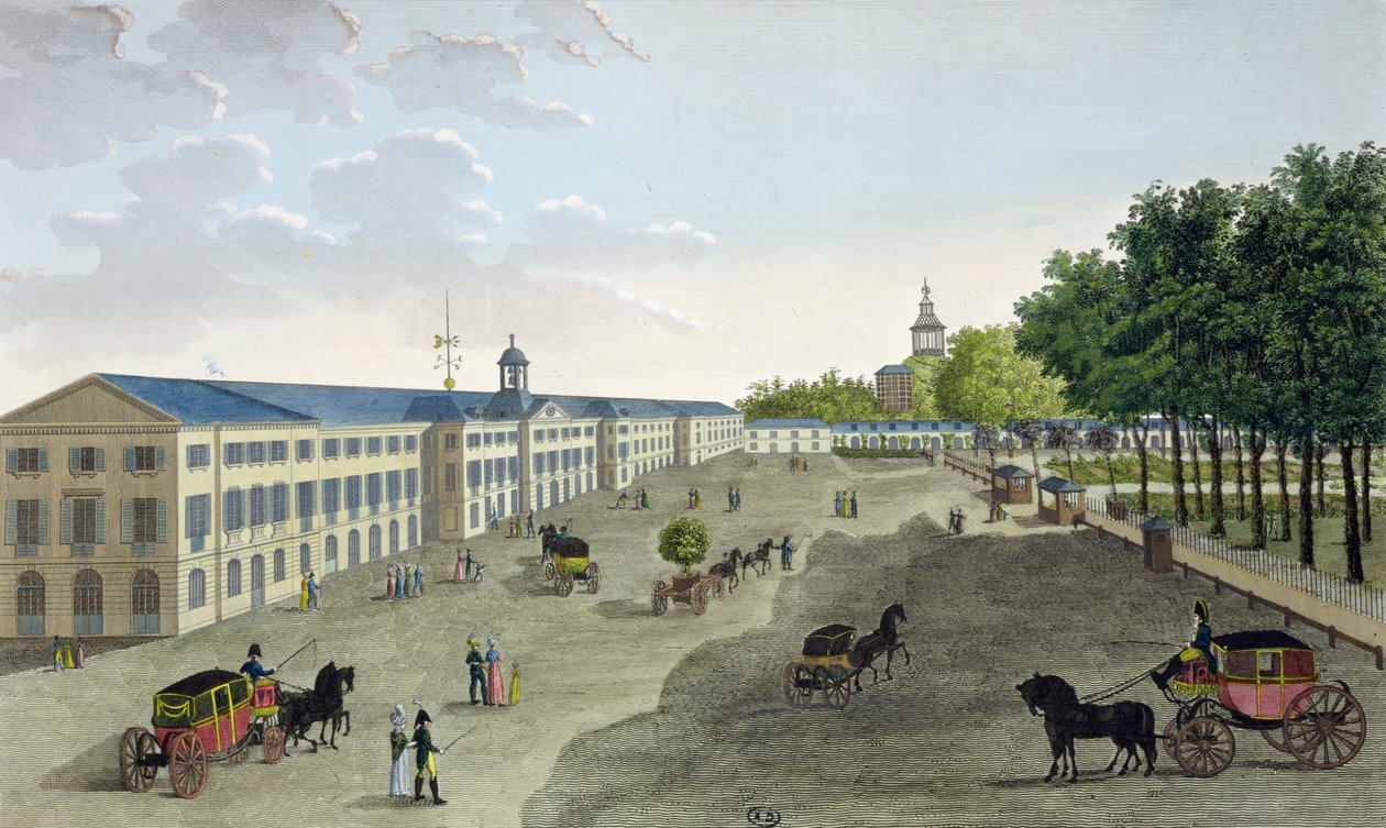 Utsikt over det nye galleriet til naturhistorisk museum ved Jardin des Plantes i Paris, gravert av Claude Fortier (1775-1835) (fargegravering) av Henri Courvoisier Voisin
