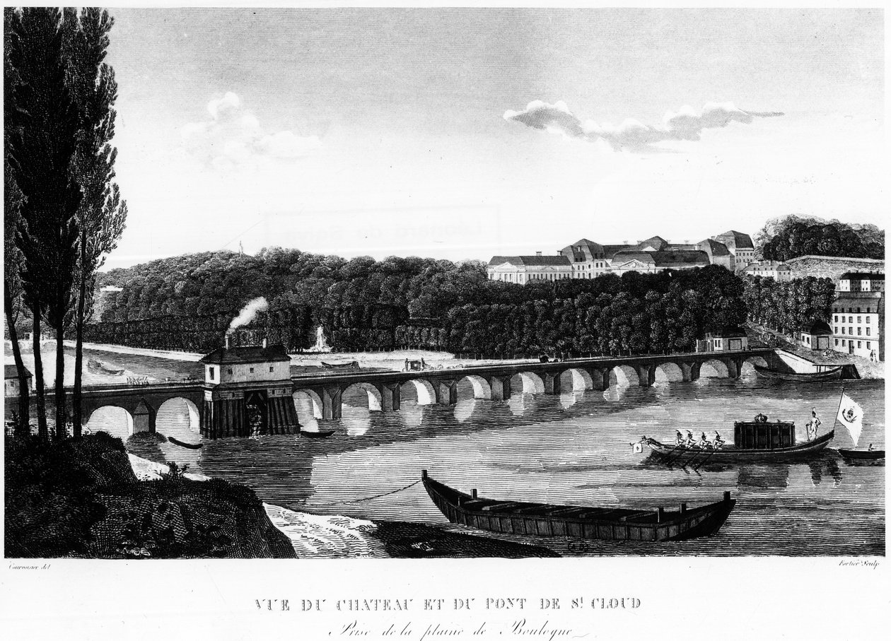 Utsikt over slottet og broen til Saint-Cloud - tegning av Courvoisier av Henri Courvoisier Voisin