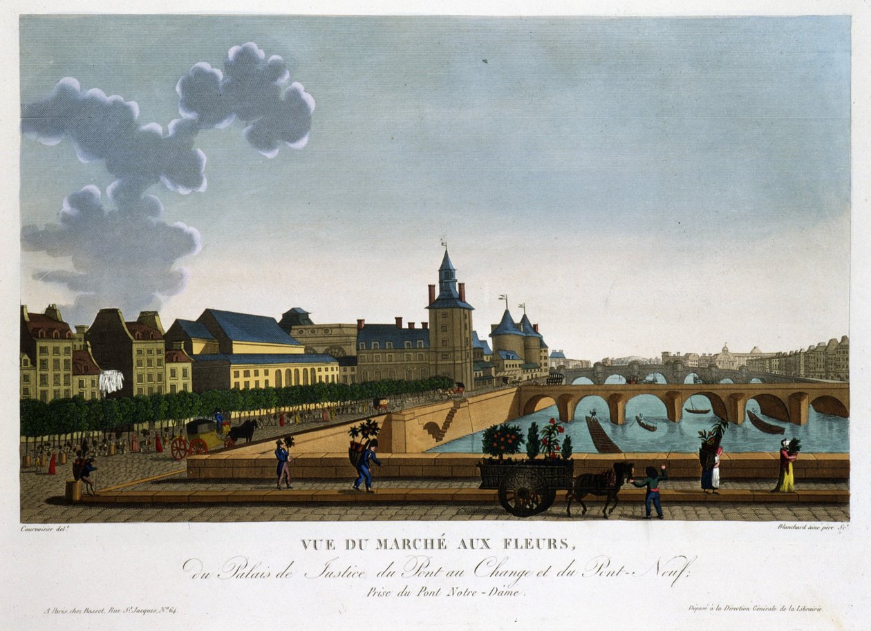 Utsikt over blomstermarkedet, byttebro og ny bro - i "" Vues de Paris"" av Courvoisier av Henri Courvoisier Voisin