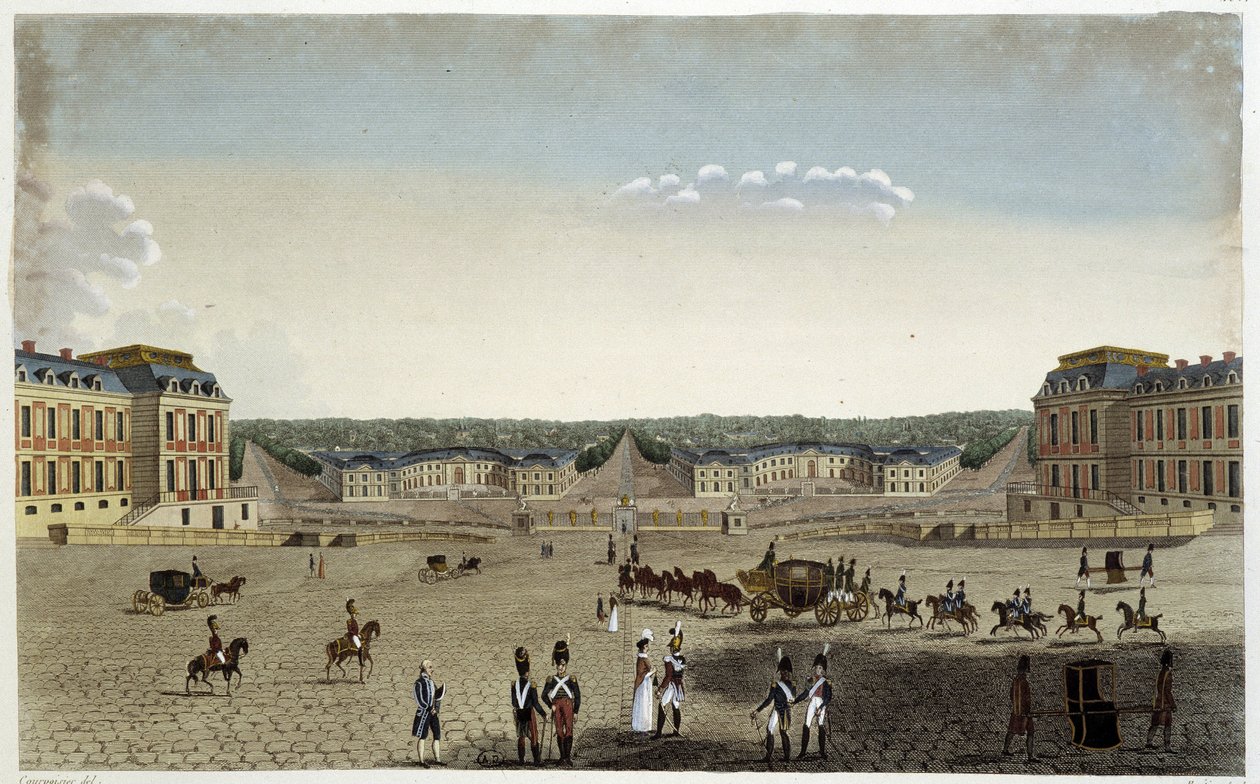 Utsikt over kongens store og små staller i Versailles - i "" Vues de Paris"" av Courvoisier av Henri Courvoisier Voisin