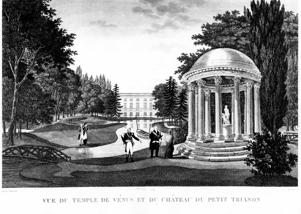 Utsikt over Venus-tempelet og slottet til Peer Trianon i Versailles - tegning av Courvoisier av Henri Courvoisier Voisin